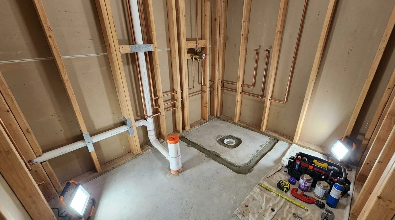 Bathroom rough-in plumbing during remodel by Johns Plumbing LLC in Chebanse