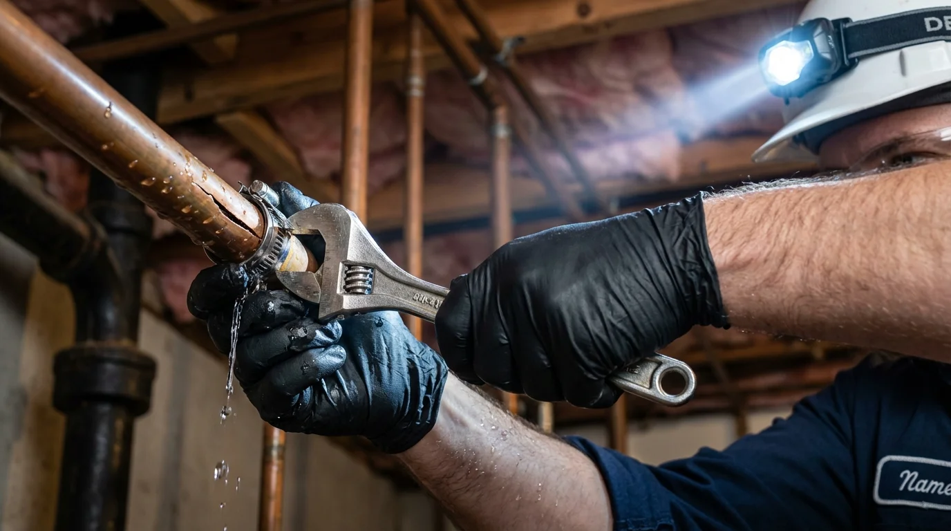 Emergency pipe clamp repair being performed by a Johns Plumbing LLC plumber in Chebanse
