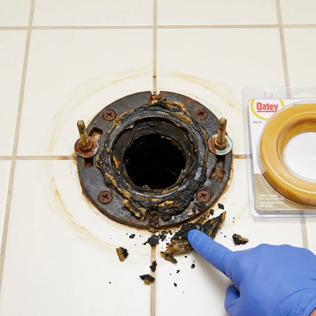 Failed wax ring showing water seepage at the base of a toilet in a Chebanse, IL home
